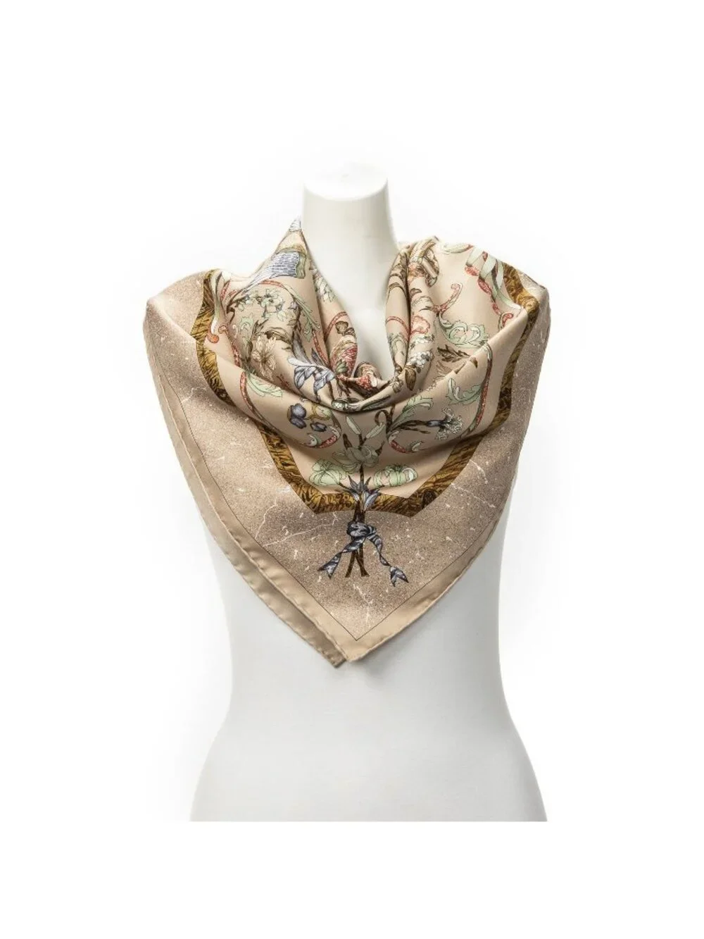Hermes Scarf Beige Green Red Silk